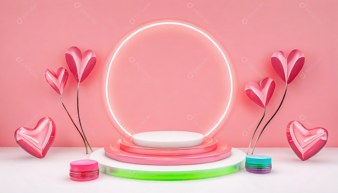 Conceito de dia dos namorados. Pódio de pedestal de cilindro rosa e 3D realista com lâmpada de néon brilhante. Uma cena mínima para a vitrine do palco dos produtos.