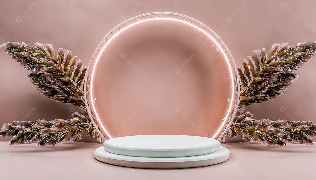 Conceito de dia dos namorados. Pódio de pedestal de cilindro rosa e 3D realista com lâmpada de néon brilhante. Uma cena mínima para a vitrine do palco dos produtos.