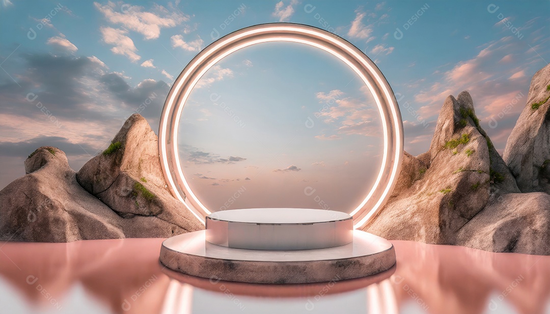 Conceito de dia dos namorados. Pódio de pedestal de cilindro rosa e 3D realista com lâmpada de néon brilhante. Uma cena mínima para a vitrine do palco dos produtos.