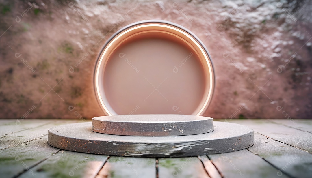 Conceito de dia dos namorados. Pódio de pedestal de cilindro rosa e 3D realista com lâmpada de néon brilhante. Uma cena mínima para a vitrine do palco dos produtos.