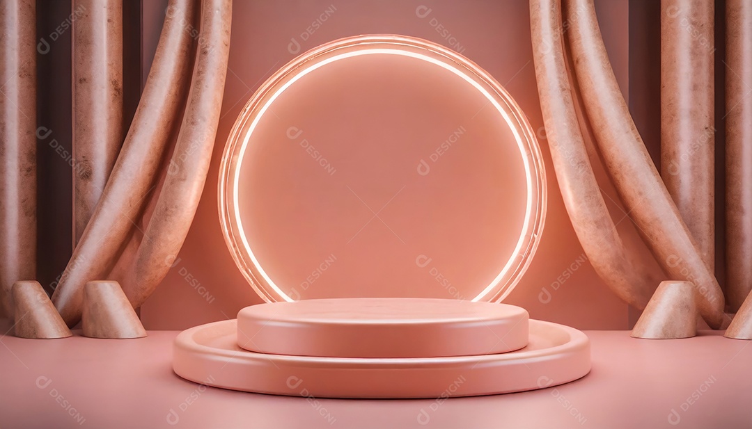 Conceito de dia dos namorados. Pódio de pedestal de cilindro rosa e 3D realista com lâmpada de néon brilhante. Uma cena mínima para a vitrine do palco dos produtos.