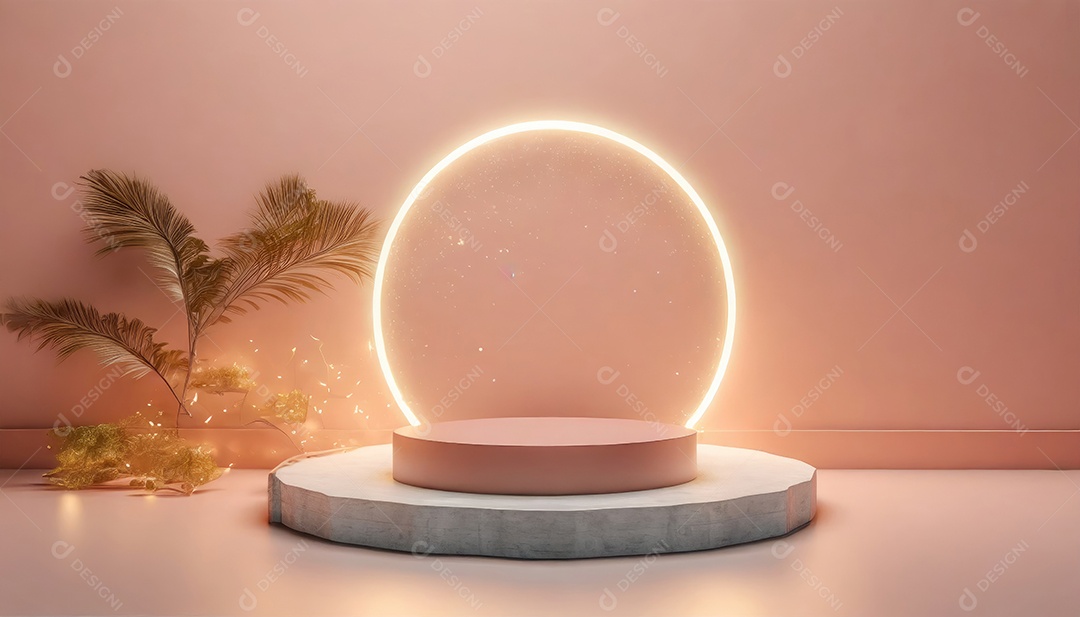 Conceito de dia dos namorados. Pódio de pedestal de cilindro rosa e 3D realista com lâmpada de néon brilhante. Uma cena mínima para a vitrine do palco dos produtos.