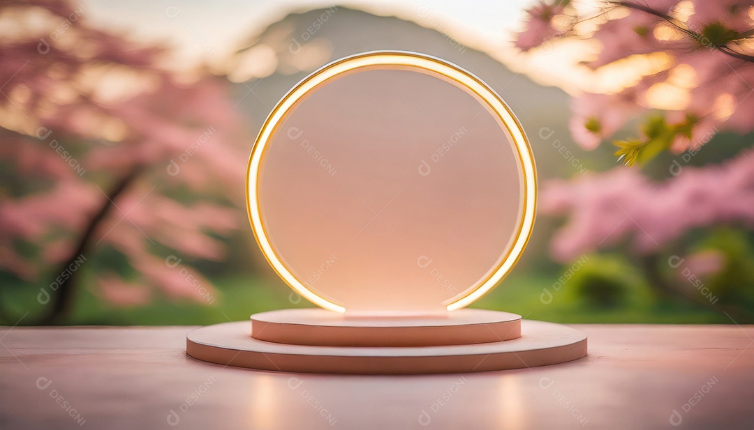 Conceito de dia dos namorados. Pódio de pedestal de cilindro rosa e 3D realista com lâmpada de néon brilhante. Uma cena mínima para a vitrine do palco dos produtos.