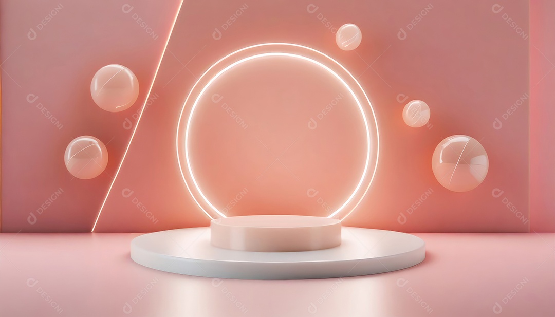 Conceito de dia dos namorados. Pódio de pedestal de cilindro rosa e 3D realista com lâmpada de néon brilhante. Uma cena mínima para a vitrine do palco dos produtos.