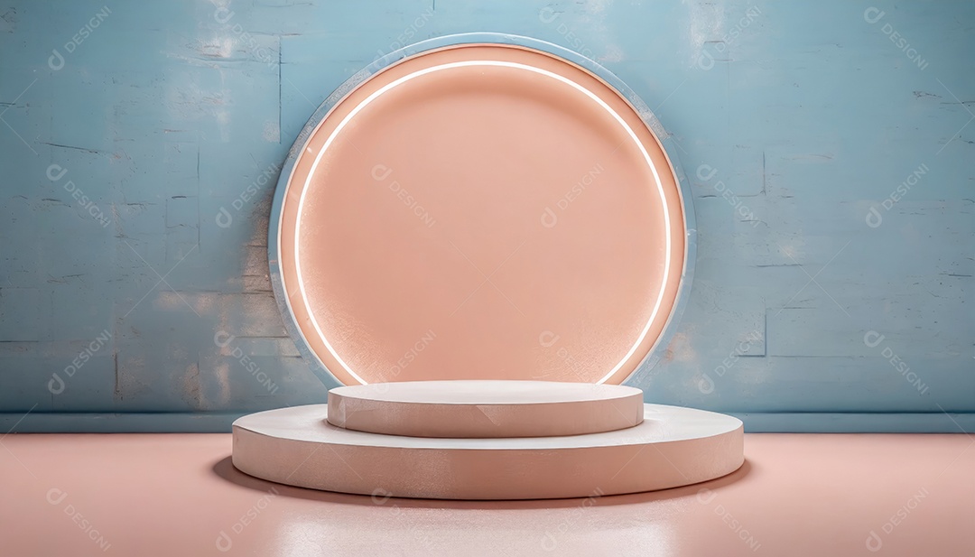 Conceito de dia dos namorados. Pódio de pedestal de cilindro rosa e 3D realista com lâmpada de néon brilhante. Uma cena mínima para a vitrine do palco dos produtos.