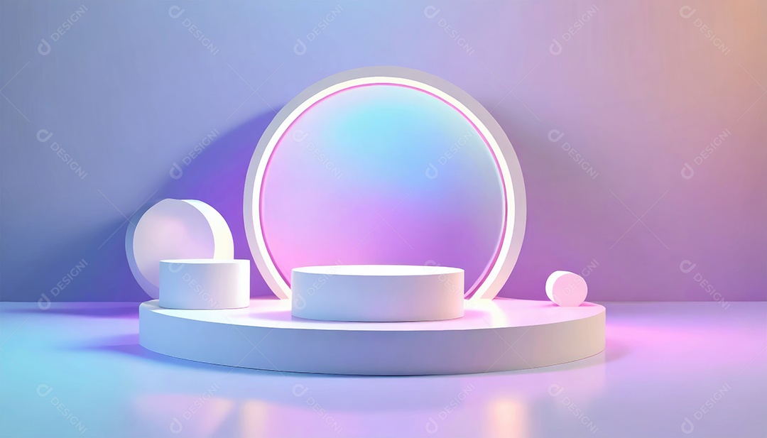 Conceito de dia dos namorados. Pódio de pedestal de cilindro rosa e 3D realista com lâmpada de néon brilhante. Uma cena mínima para a vitrine do palco dos produtos.