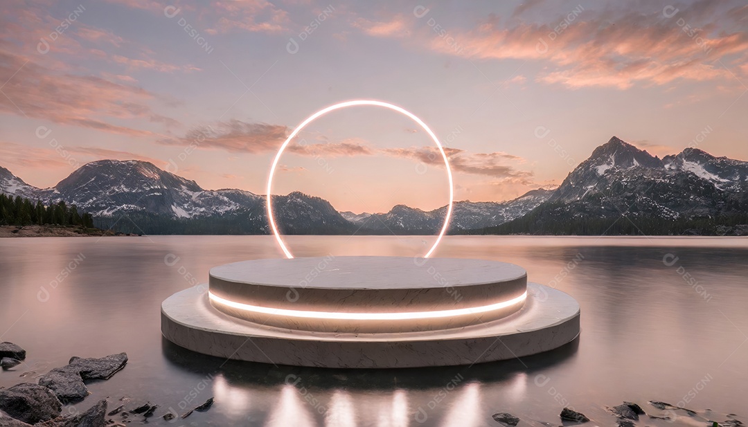 Conceito de dia dos namorados. Pódio de pedestal de cilindro rosa e 3D realista com lâmpada de néon brilhante. Uma cena mínima para a vitrine do palco dos produtos.