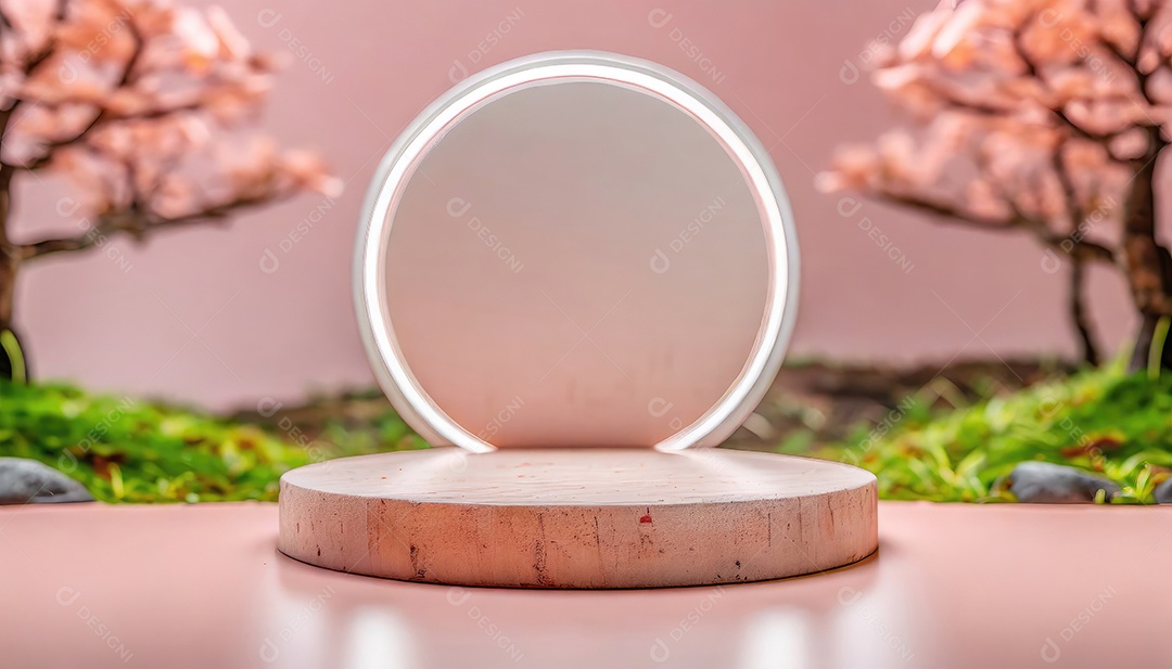Conceito de dia dos namorados. Pódio de pedestal de cilindro rosa e 3D realista com lâmpada de néon brilhante. Uma cena mínima para a vitrine do palco dos produtos.