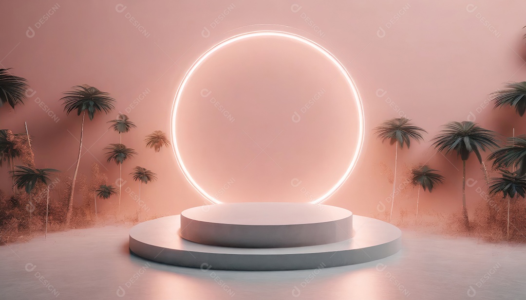 Conceito de dia dos namorados. Pódio de pedestal de cilindro rosa e 3D realista com lâmpada de néon brilhante. Uma cena mínima para a vitrine do palco dos produtos.