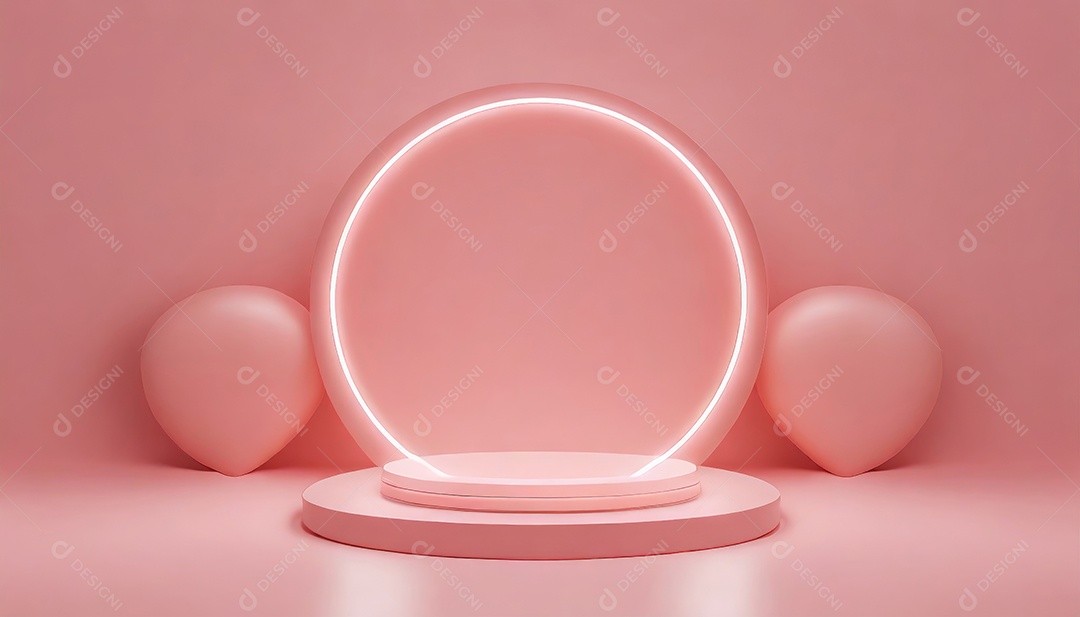 Conceito de dia dos namorados. Pódio de pedestal de cilindro rosa e 3D realista com lâmpada de néon brilhante. Uma cena mínima para a vitrine do palco dos produtos.