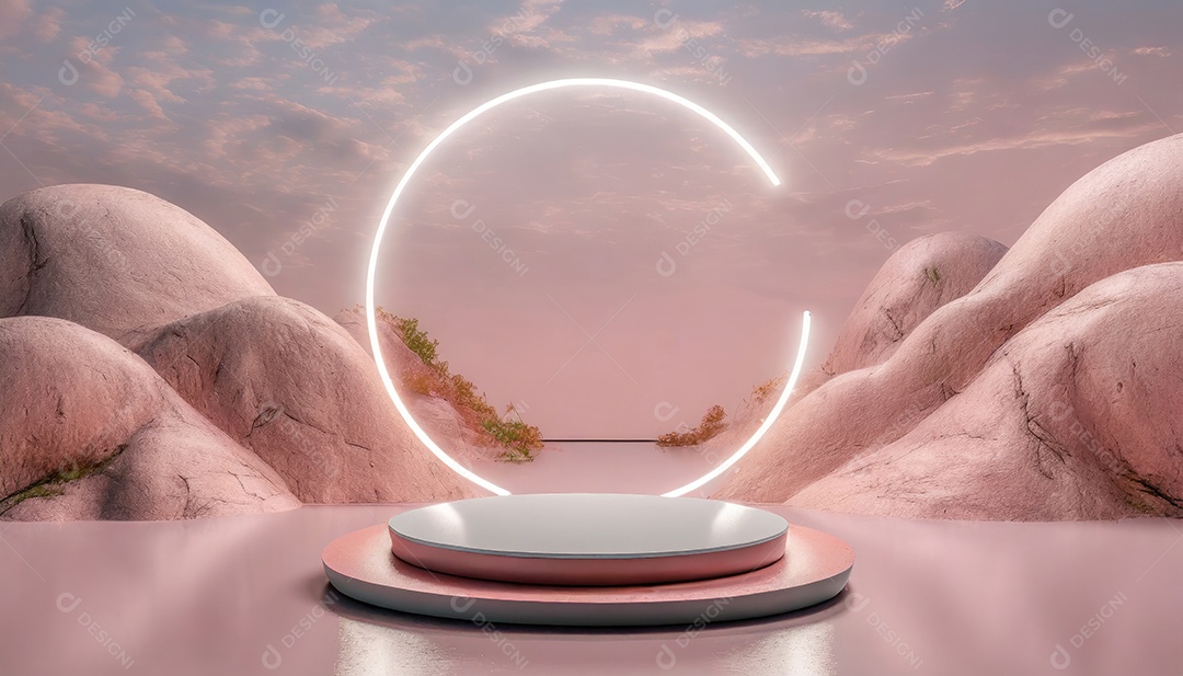 Conceito de dia dos namorados. Pódio de pedestal de cilindro rosa e 3D realista com lâmpada de néon brilhante. Uma cena mínima para a vitrine do palco dos produtos.