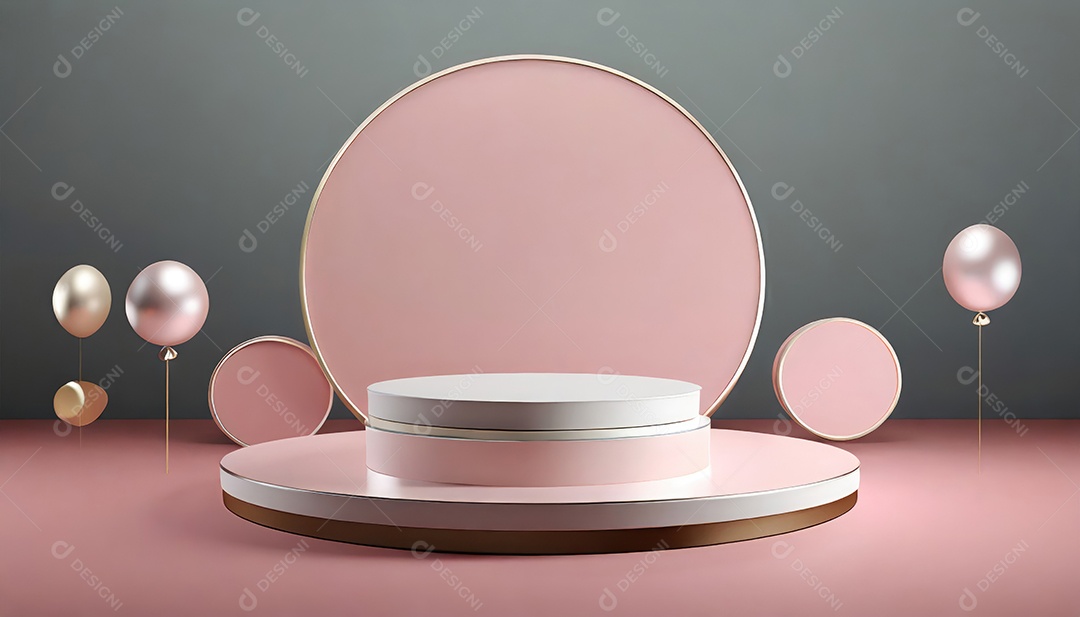 Conceito de dia dos namorados. Pódio de pedestal de cilindro rosa e 3D realista com lâmpada de néon brilhante. Uma cena mínima para a vitrine do palco dos produtos.