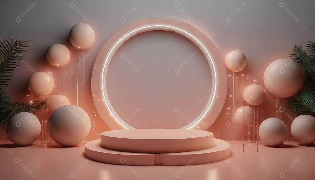 Conceito de dia dos namorados. Pódio de pedestal de cilindro rosa e 3D realista com lâmpada de néon brilhante. Uma cena mínima para a vitrine do palco dos produtos.