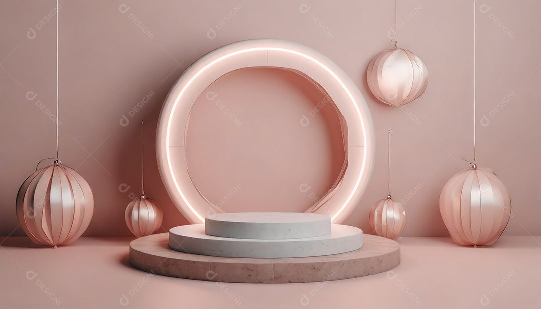 Conceito de dia dos namorados. Pódio de pedestal de cilindro rosa e 3D realista com lâmpada de néon brilhante. Uma cena mínima para a vitrine do palco dos produtos.