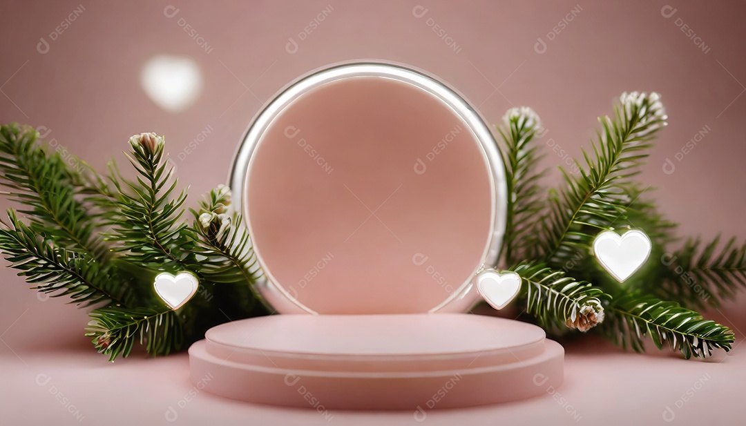 Conceito de dia dos namorados. Pódio de pedestal de cilindro rosa e 3D realista com lâmpada de néon brilhante. Uma cena mínima para a vitrine do palco dos produtos.