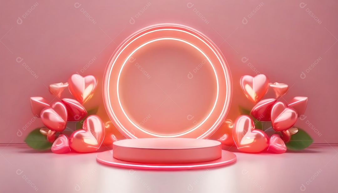 Conceito de dia dos namorados. Pódio de pedestal de cilindro rosa e 3D realista com lâmpada de néon brilhante. Uma cena mínima para a vitrine do palco dos produtos.