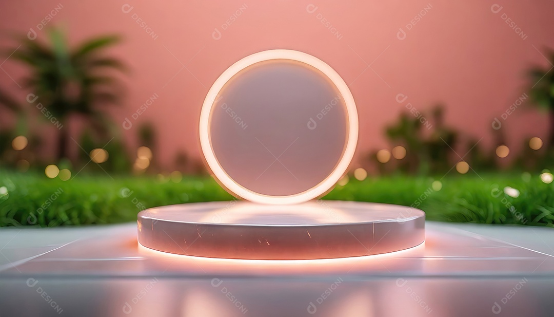 Conceito de dia dos namorados. Pódio de pedestal de cilindro rosa e 3D realista com lâmpada de néon brilhante. Uma cena mínima para a vitrine do palco dos produtos.