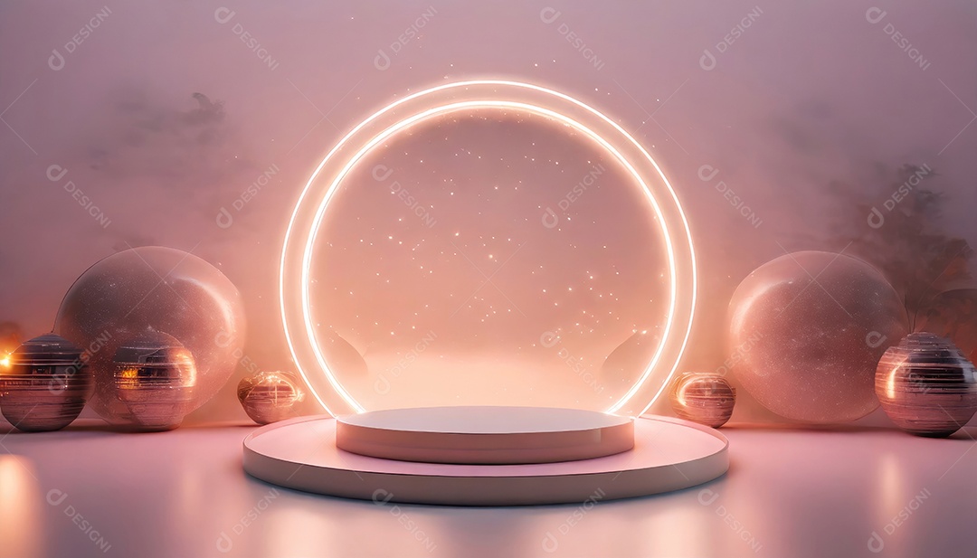 Conceito de dia dos namorados. Pódio de pedestal de cilindro rosa e 3D realista com lâmpada de néon brilhante. Uma cena mínima para a vitrine do palco dos produtos.