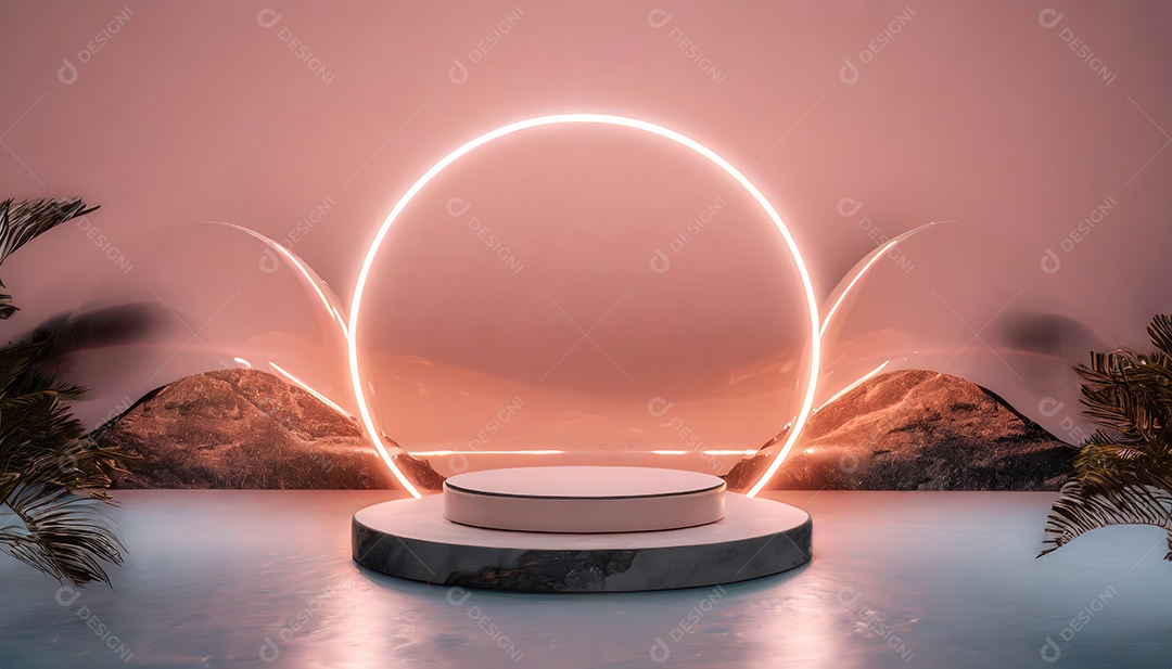 Conceito de dia dos namorados. Pódio de pedestal de cilindro rosa e 3D realista com lâmpada de néon brilhante. Uma cena mínima para a vitrine do palco dos produtos.