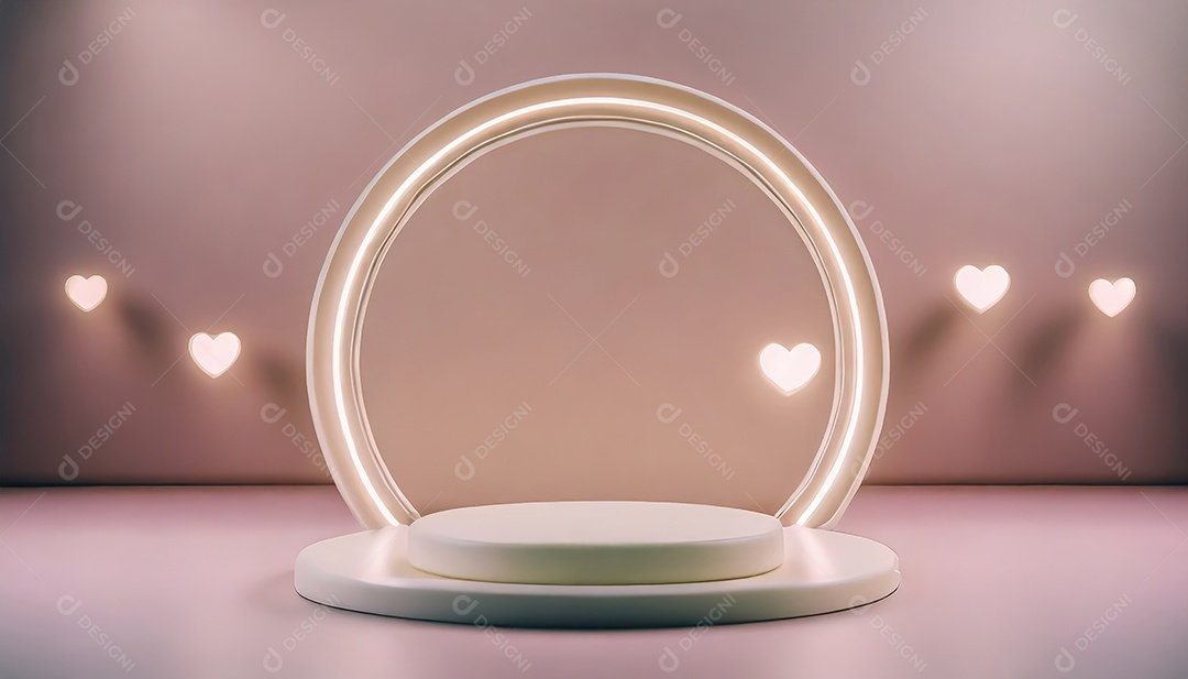 Conceito de dia dos namorados. Pódio de pedestal de cilindro rosa e 3D realista com lâmpada de néon brilhante. Uma cena mínima para a vitrine do palco dos produtos.