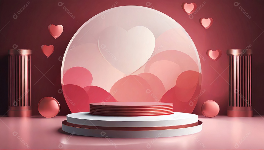 Conceito de dia dos namorados. Pódio de pedestal de cilindro rosa e 3D realista com lâmpada de néon brilhante. Uma cena mínima para a vitrine do palco dos produtos.