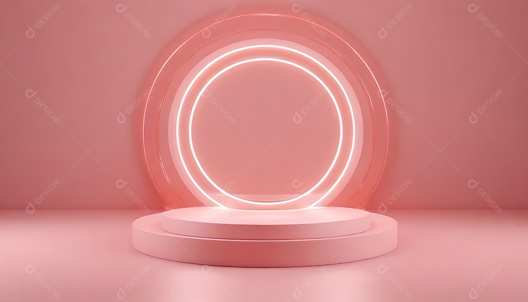 Conceito de dia dos namorados. Pódio de pedestal de cilindro rosa e 3D realista com lâmpada de néon brilhante. Uma cena mínima para a vitrine do palco dos produtos.
