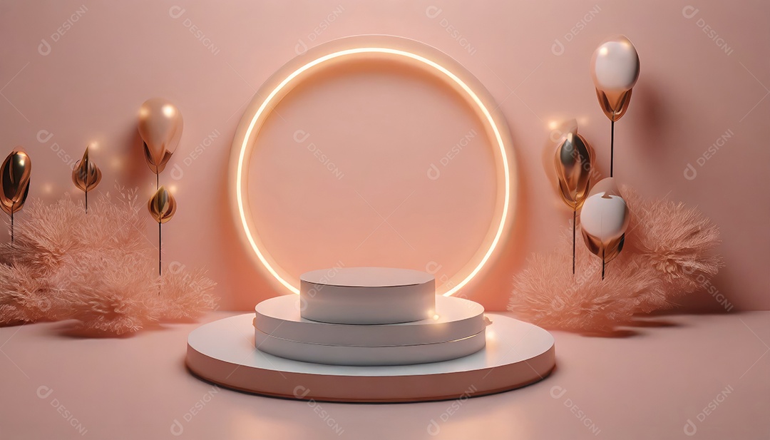 Conceito de dia dos namorados. Pódio de pedestal de cilindro rosa e 3D realista com lâmpada de néon brilhante. Uma cena mínima para a vitrine do palco dos produtos.