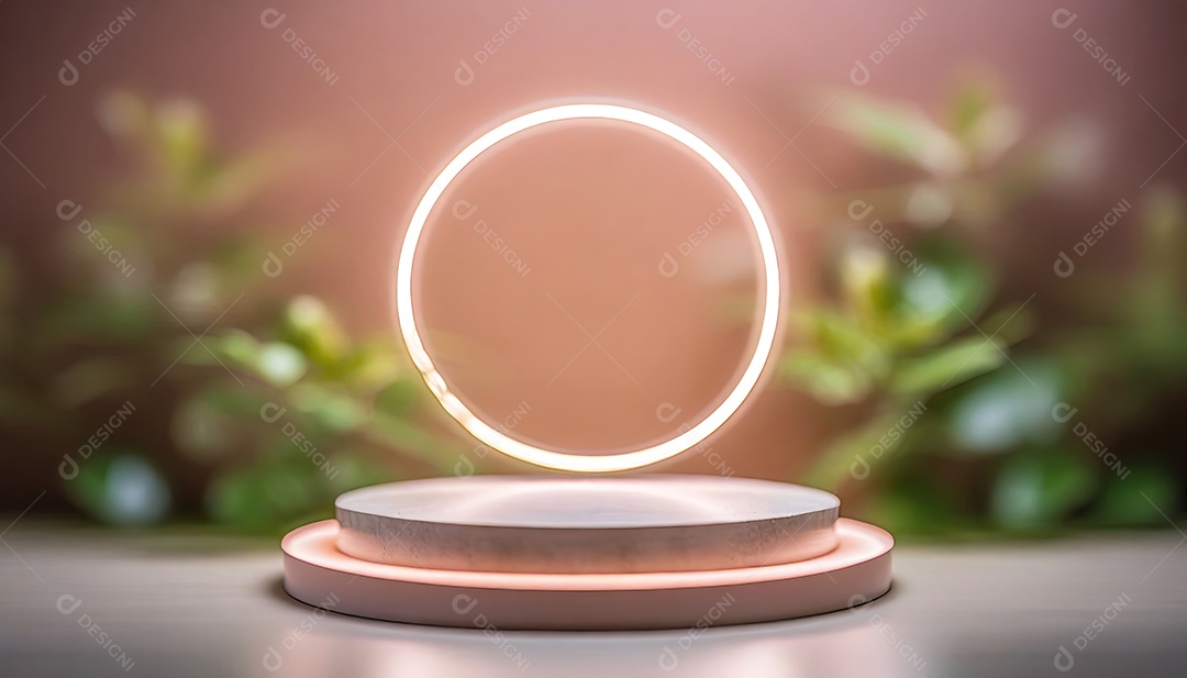 Conceito de dia dos namorados. Pódio de pedestal de cilindro rosa e 3D realista com lâmpada de néon brilhante. Uma cena mínima para a vitrine do palco dos produtos.