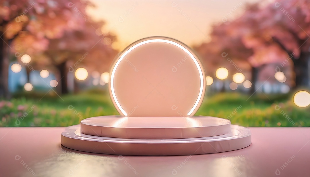 Conceito de dia dos namorados. Pódio de pedestal de cilindro rosa e 3D realista com lâmpada de néon brilhante. Uma cena mínima para a vitrine do palco dos produtos.