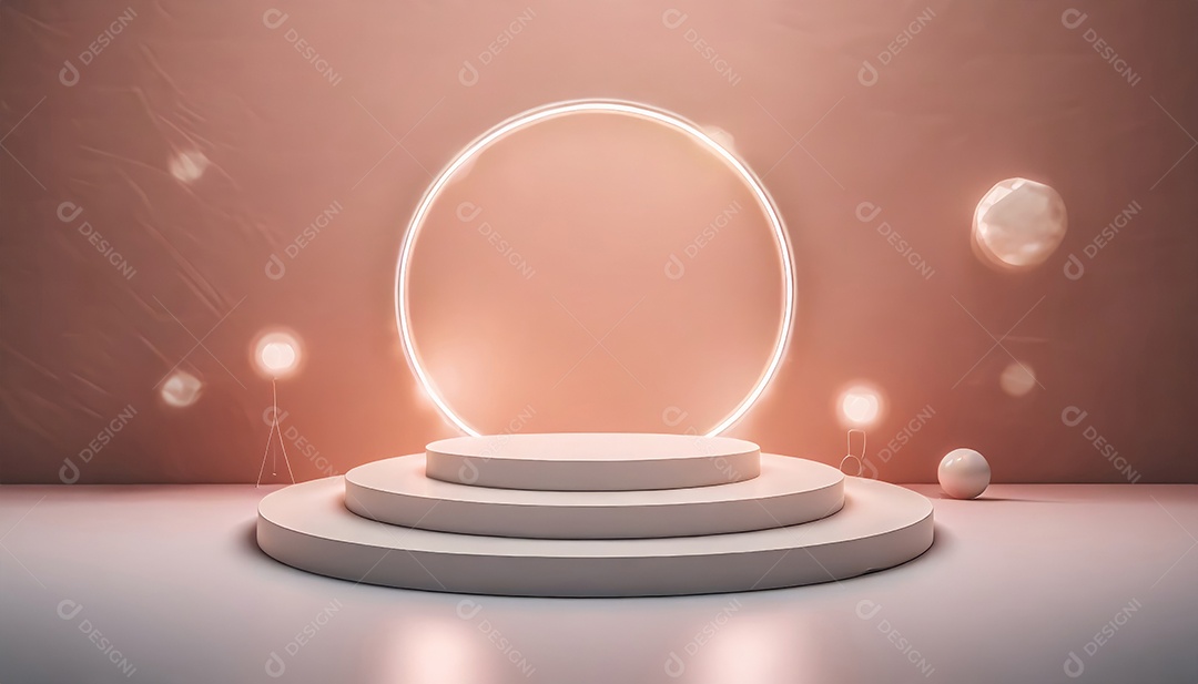 Conceito de dia dos namorados. Pódio de pedestal de cilindro rosa e 3D realista com lâmpada de néon brilhante. Uma cena mínima para a vitrine do palco dos produtos.