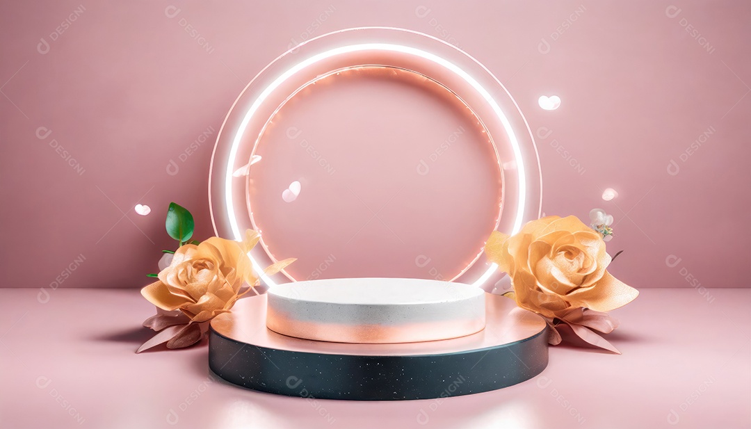 Conceito de dia dos namorados. Pódio de pedestal de cilindro rosa e 3D realista com lâmpada de néon brilhante. Uma cena mínima para a vitrine do palco dos produtos.