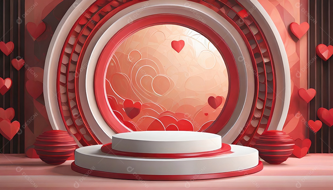 Conceito de dia dos namorados. Pódio de pedestal de cilindro rosa e 3D realista com lâmpada de néon brilhante. Uma cena mínima para a vitrine do palco dos produtos.