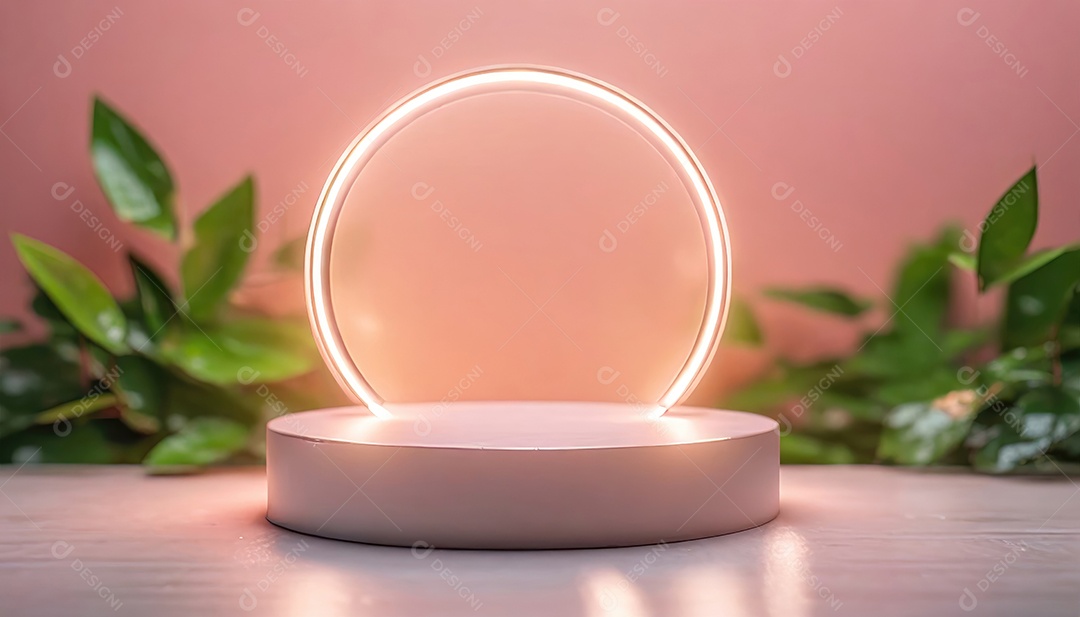 Conceito de dia dos namorados. Pódio de pedestal de cilindro rosa e 3D realista com lâmpada de néon brilhante. Uma cena mínima para a vitrine do palco dos produtos.