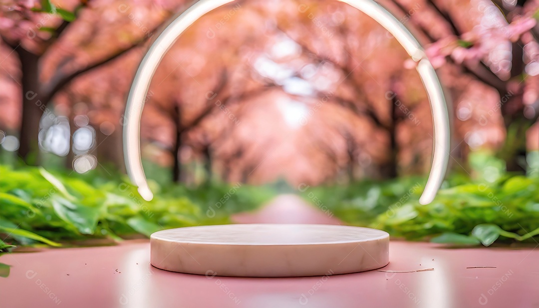 Conceito de dia dos namorados. Pódio de pedestal de cilindro rosa e 3D realista com lâmpada de néon brilhante. Uma cena mínima para a vitrine do palco dos produtos.