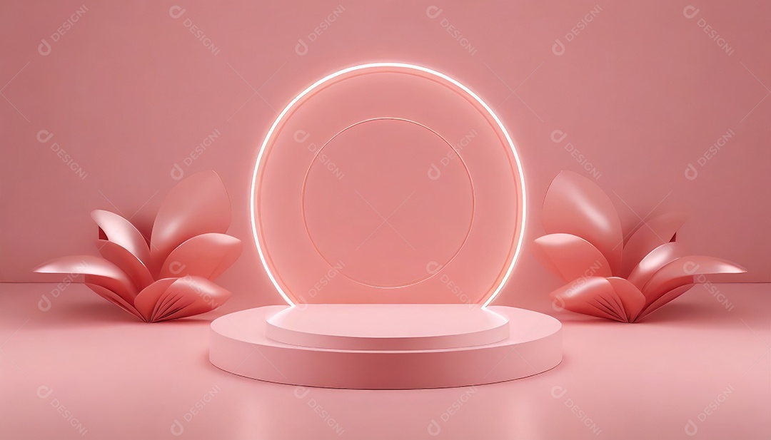 Conceito de dia dos namorados. Pódio de pedestal de cilindro rosa e 3D realista com lâmpada de néon brilhante. Uma cena mínima para a vitrine do palco dos produtos.