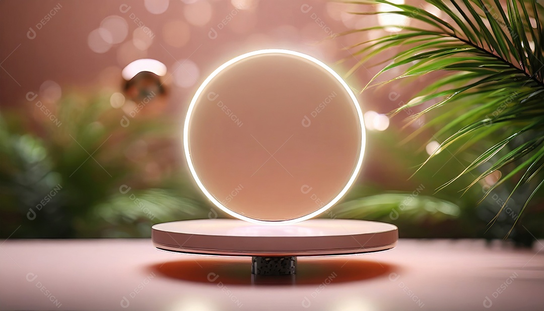 Conceito de dia dos namorados. Pódio de pedestal de cilindro rosa e 3D realista com lâmpada de néon brilhante. Uma cena mínima para a vitrine do palco dos produtos.