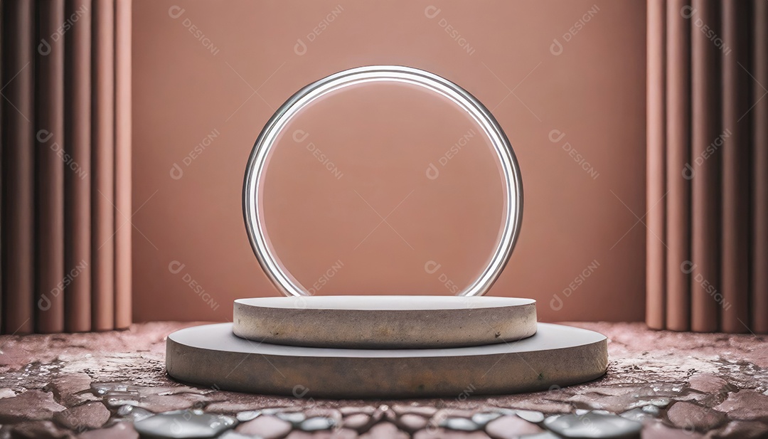 Conceito de dia dos namorados. Pódio de pedestal de cilindro rosa e 3D realista com lâmpada de néon brilhante. Uma cena mínima para a vitrine do palco dos produtos.