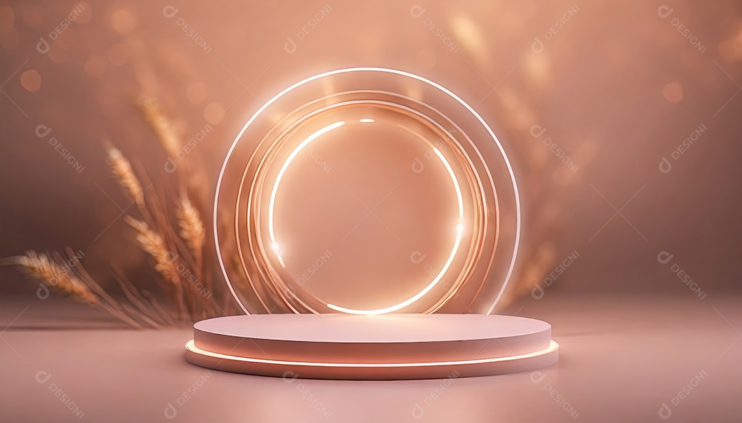 Conceito de dia dos namorados. Pódio de pedestal de cilindro rosa e 3D realista com lâmpada de néon brilhante. Uma cena mínima para a vitrine do palco dos produtos.