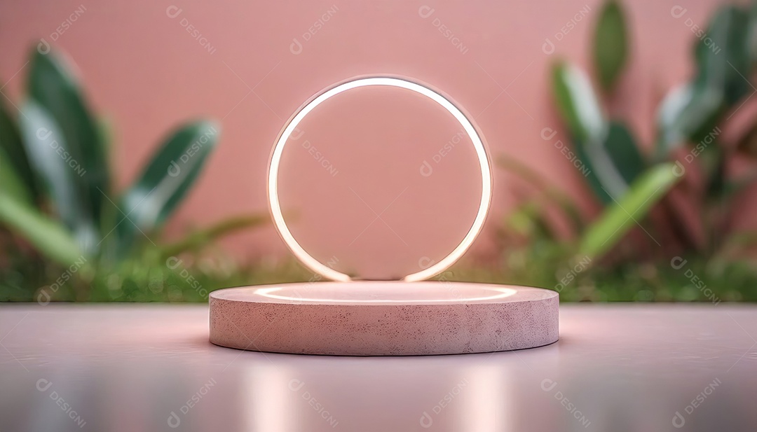Conceito de dia dos namorados. Pódio de pedestal de cilindro rosa e 3D realista com lâmpada de néon brilhante. Uma cena mínima para a vitrine do palco dos produtos.