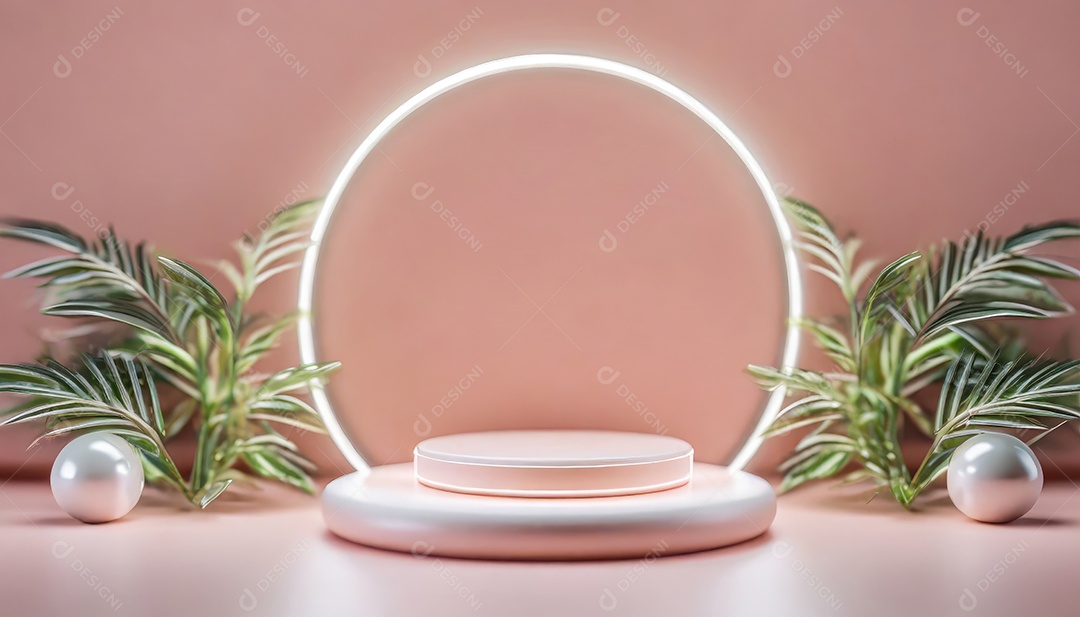 Conceito de dia dos namorados. Pódio de pedestal de cilindro rosa e 3D realista com lâmpada de néon brilhante. Uma cena mínima para a vitrine do palco dos produtos.