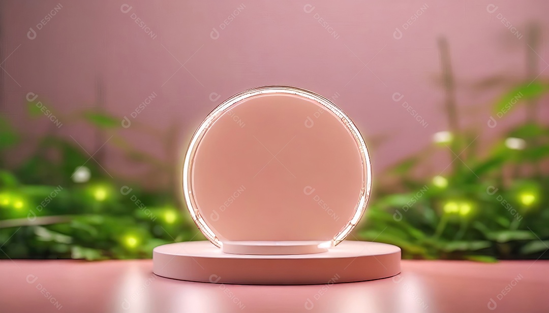 Conceito de dia dos namorados. Pódio de pedestal de cilindro rosa e 3D realista com lâmpada de néon brilhante. Uma cena mínima para a vitrine do palco dos produtos.
