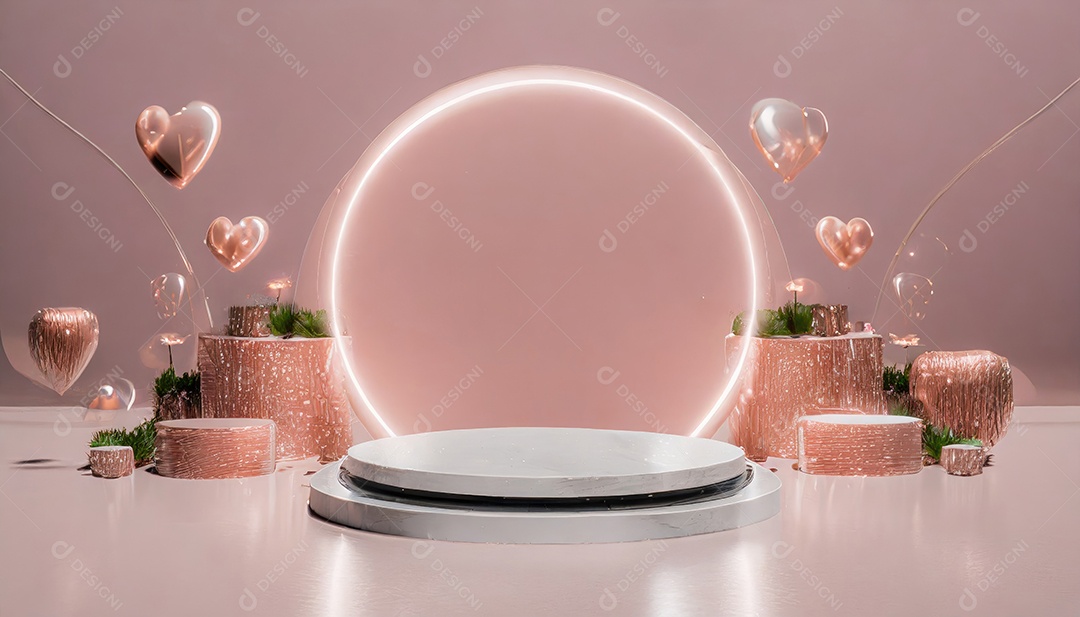 Conceito de dia dos namorados. Pódio de pedestal de cilindro rosa e 3D realista com lâmpada de néon brilhante. Uma cena mínima para a vitrine do palco dos produtos.