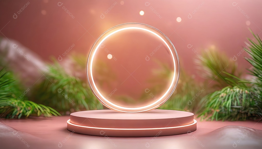 Conceito de dia dos namorados. Pódio de pedestal de cilindro rosa e 3D realista com lâmpada de néon brilhante. Uma cena mínima para a vitrine do palco dos produtos.