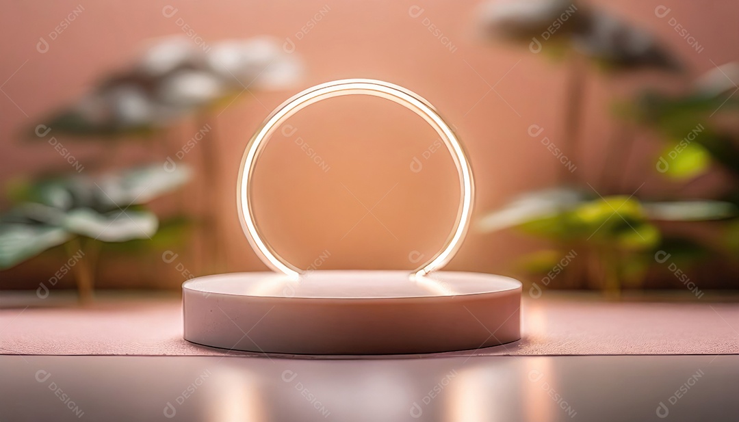 Conceito de dia dos namorados. Pódio de pedestal de cilindro rosa e 3D realista com lâmpada de néon brilhante. Uma cena mínima para a vitrine do palco dos produtos.