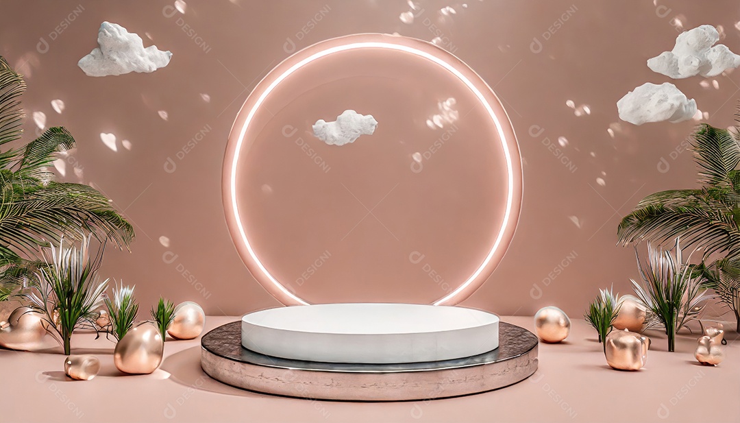 Conceito de dia dos namorados. Pódio de pedestal de cilindro rosa e 3D realista com lâmpada de néon brilhante. Uma cena mínima para a vitrine do palco dos produtos.