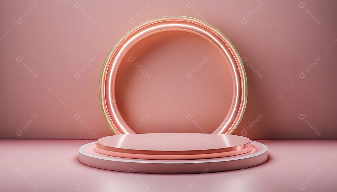 Conceito de dia dos namorados. Pódio de pedestal de cilindro rosa e 3D realista com lâmpada de néon brilhante. Uma cena mínima para a vitrine do palco dos produtos.