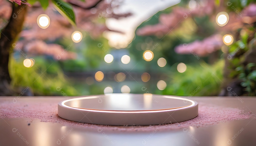 Conceito de dia dos namorados. Pódio de pedestal de cilindro rosa e 3D realista com lâmpada de néon brilhante. Uma cena mínima para a vitrine do palco dos produtos.