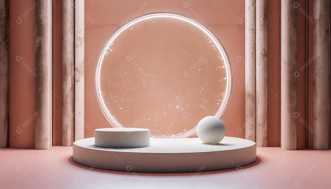 Conceito de dia dos namorados. Pódio de pedestal de cilindro rosa e 3D realista com lâmpada de néon brilhante. Uma cena mínima para a vitrine do palco dos produtos.