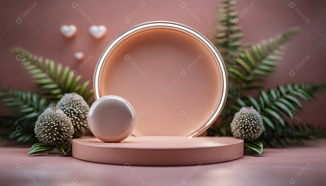 Conceito de dia dos namorados. Pódio de pedestal de cilindro rosa e 3D realista com lâmpada de néon brilhante. Uma cena mínima para a vitrine do palco dos produtos.