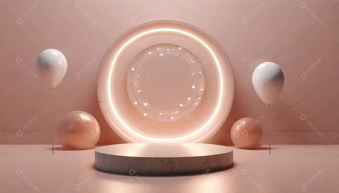 Conceito de dia dos namorados. Pódio de pedestal de cilindro rosa e 3D realista com lâmpada de néon brilhante. Uma cena mínima para a vitrine do palco dos produtos.